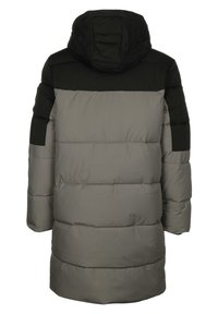 Polstret jakke med hette, fargeblokkerte design i mørkegrønn og grå, med quiltede seksjoner og midtlengde snitt.
