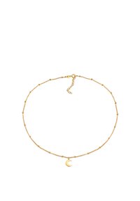 Gold chain necklace with a delicate design, featuring small round beads and a crescent moon pendant as a notable detail.