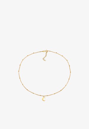 Kuldne kaelakee delikaatse disainiga, millel on väikesed ümmargused pärlid ja pronksist kuu ripats kui silmapaistev detail.