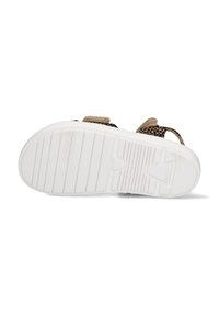 Zwarte en beige sandaalzool, textuur met richels. Witte rubberen onderkant voor grip. Twee verstelbare banden voor een goede pasvorm. Patronen zichtbaar op de bovenkant.