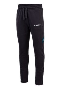 Pantalones de chándal negros con cintura elástica, bolsillos laterales y logo de acento en aguamarina en la pierna. Hechos de una tela suave y cómoda.
