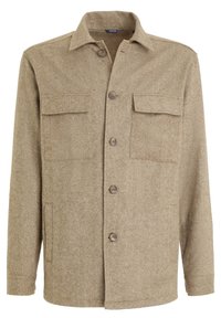 Brun fiskbensmönstrad jacka med klassisk krage, framknäppning och två bröstfickor. Tillverkad av texturerat tyg med lång ärm.