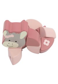 Pink stacking toy shaped like a sheep, featuring rounded edges, a smiling face, and flower details in various shades of pink and gray.