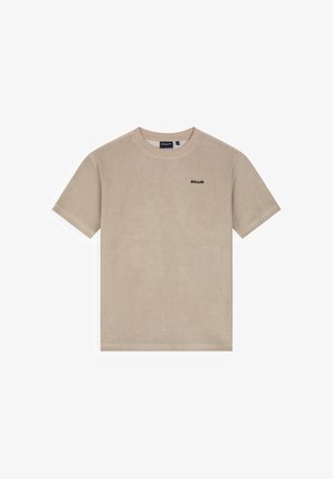 Beige T-shirt met korte mouwen en ronde hals, met het tekstlogo "BALLIN" op de linkerborst.