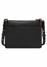 Sac à bandoulière en cuir noir au design plat, avec des accents en métal doré, une bandoulière ajustable et une finition légèrement texturée.
