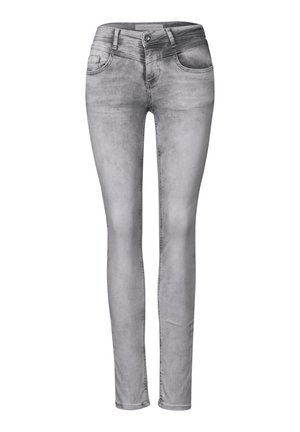 Slim-fit šedé džíny z denimu s vybledlým vzhledem, nabízející pět kapes, zapínání na knoflík a poutka na opasek. Hladká textura a rovný střih nohavic.