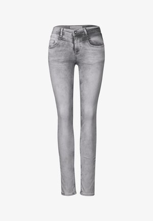 Jeans in denim grigio slim-fit con lavaggio sbiadito, dotati di cinque tasche, chiusura con bottone e passanti per cintura. Tessuto liscio e design con gamba dritta.