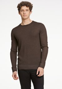 Brauner Strickpullover mit rundem Ausschnitt, langen Ärmeln und gerippten Bündchen. Dezente Struktur und kleines Logo auf der Brust. Kombiniert mit schwarzer Hose.