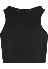 Crni bezrukavni crop top od teksturiranog materijala s prilagođenim dizajnom, s okruglim izrezom i bez vidljivih detalja ili akcenata.