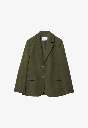 Olivnozeleni kordne jakna z žepi na sprednji strani in z dvema gumboma. Ima strukturirano površino in prilagojen kroj.