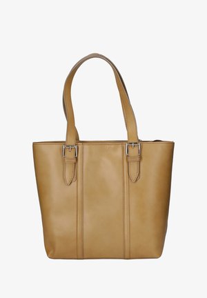 Struktureret taske i tan læder med dobbelte skulderremme, der har en glat overflade og to lodrette sømme for et strømlinet udseende.