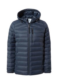 Navy blue puffer jacket with a hood, horizontal quilted design, front zip closure, and two zippered pockets. Features elastic cuffs and hem.