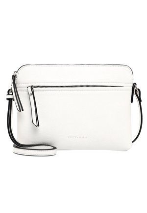 White leather crossbody bag with black trim, front zip pocket, adjustable strap, and embossed brand name "Emily & Noah" on front center.