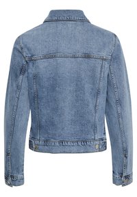 Ljusblå denimjacka med klassisk krage, långa ärmar och knappdetaljer. Strukturerad tyg med synliga sömmar och sömlinjer.