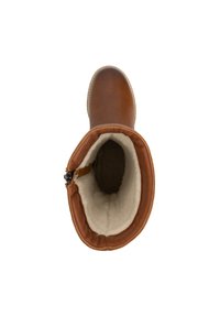 Bruine leren laars met een zachte, crèmekleurige voering. Het interieur heeft een stevige vorm en een zijrits voor gemakkelijke toegang.