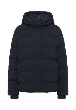 Smaragdgrüner Pufferjacke mit Kapuze, ausgestattet mit einem gesteppten Design, elastischen Bündchen und Seitentaschen. Glatte Textur mit einem leichten Glanz.