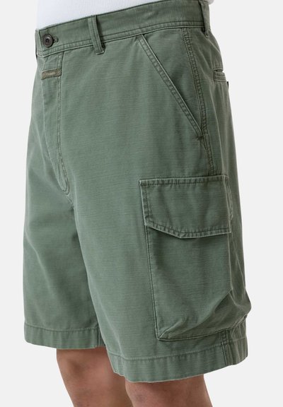 Pantaloni cargo verdi realizzati in tessuto morbido, dotati di tasche laterali, una tasca a patta sulla gamba e una vestibilità rilassata con orli cuciti.