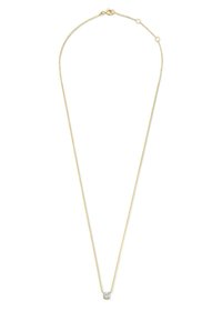 Collier en chaîne en or avec un pendentif en pierre précieuse claire. La chaîne a une texture fine et une longueur ajustable.