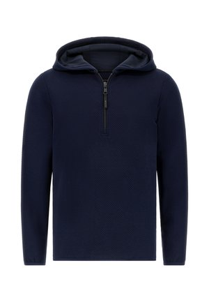 Pullover con cappuccio blu navy, con mezza zip, tessuto testurizzato e maniche lunghe. Caratterizzato da un design solido senza motivi o accenti.