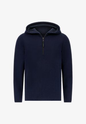 Marineblaues Kapuzensweatshirt mit halbem Reißverschluss, strukturiertem Stoff und langen Ärmeln. Hat ein einfarbiges Design ohne Muster oder Akzente.