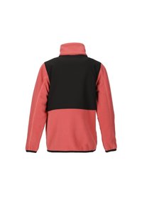Fleecejakke med en sort øverste ryg og en pink nederste sektion. Høj krave, lange ærmer og kontrasterende syninger.