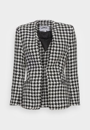 Zwart-wit geruit blazer met pied-de-poule patroon, voorzien van inkeping revers en voorzakken, met "ONLY" label in de binnenkraag.