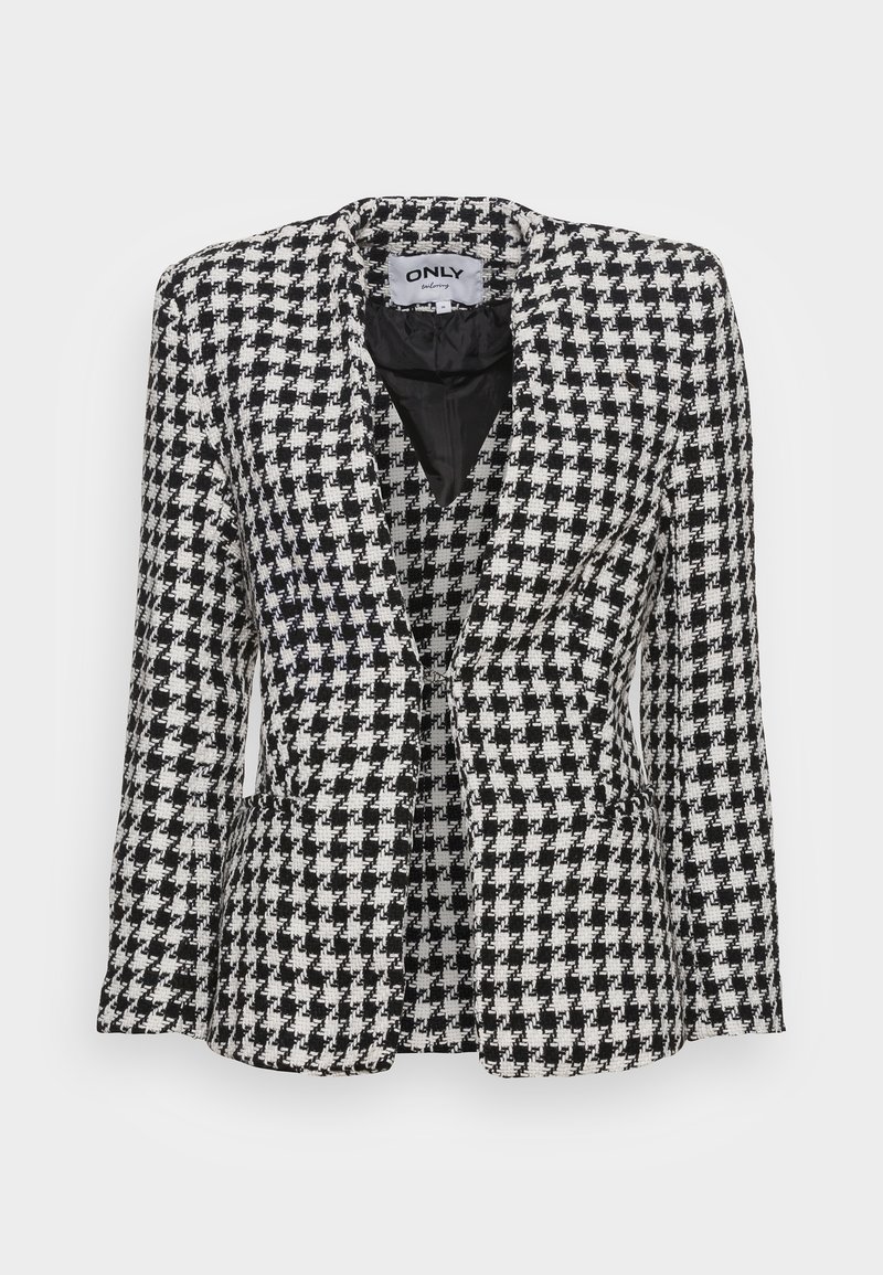 Blazer ajusté à motif pied-de-poule noir et blanc avec revers crantés et poches avant, étiquette "ONLY" à l'intérieur du col.