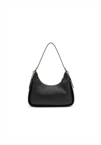 Borsa a tracolla in pelle nera con forma curva, chiusura con zip e superficie liscia. Presenta accessori in tono oro e una tracolla coordinata.
