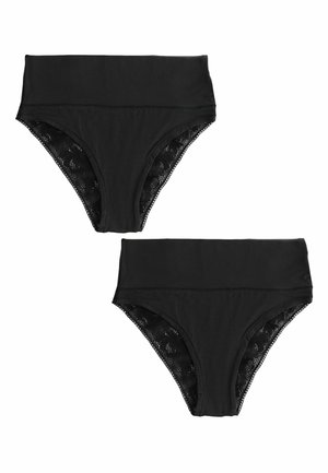 Black high-waisted bikini bottoms with lace panels on the sides, made from smooth fabric. Includes two pairs in the set.
