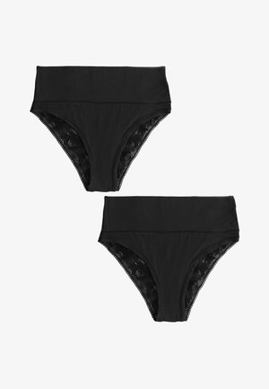 Black high-waisted bikini bottoms with lace panels on the sides, made from smooth fabric. Includes two pairs in the set.