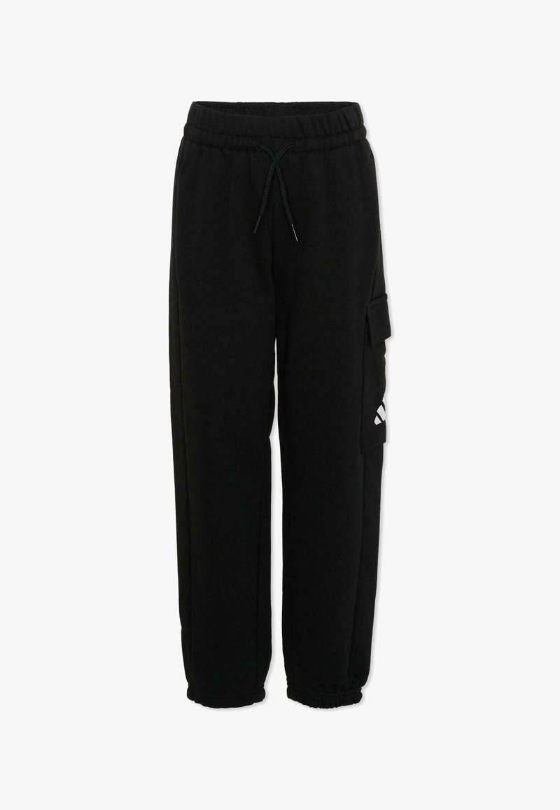 Pantalon de jogging noir avec taille élastique, cordon de serrage, poche cargo latérale et poignets élastiques.