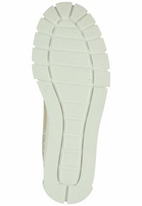 Semelle de chaussure en caoutchouc blanc avec surface texturée, comportant des motifs de bande de roulement profonds, un centre lisse et des indentations latérales pour une meilleure adhérence.