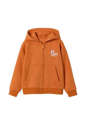 Orange zip-up hoodie with front pockets, ribbed cuffs and hem, and small white "Surf" text with wave graphic on left chest.