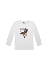 Weißes Langarm-T-Shirt mit einer bunten Grafik eines Charakters in Rüstung, der eine Waffe hält, und dem Text "BOBA FETT" darunter.
