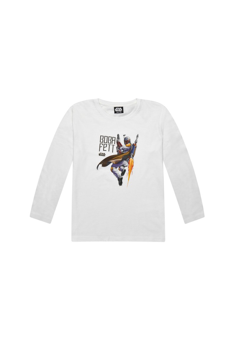 Weißes Langarm-T-Shirt mit einer bunten Grafik eines Charakters in Rüstung, der eine Waffe hält, und dem Text "BOBA FETT" darunter.