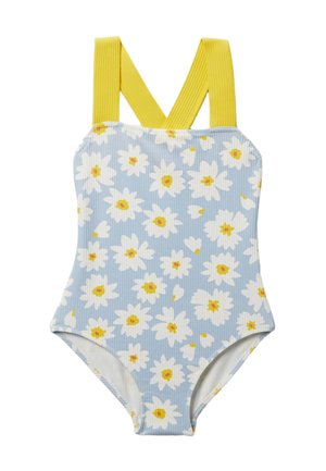 Maillot de bain une pièce bleu clair à côtes, imprimé de marguerites blanches et jaunes, avec de larges bretelles jaunes croisées dans le dos.