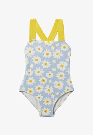 Maillot de bain une pièce bleu clair à côtes, imprimé de marguerites blanches et jaunes, avec de larges bretelles jaunes croisées dans le dos.