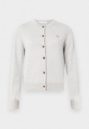 Light gray button-up cardigan with long sleeves, ribbed cuffs and hem, and small embroidered fox logo on the left chest.