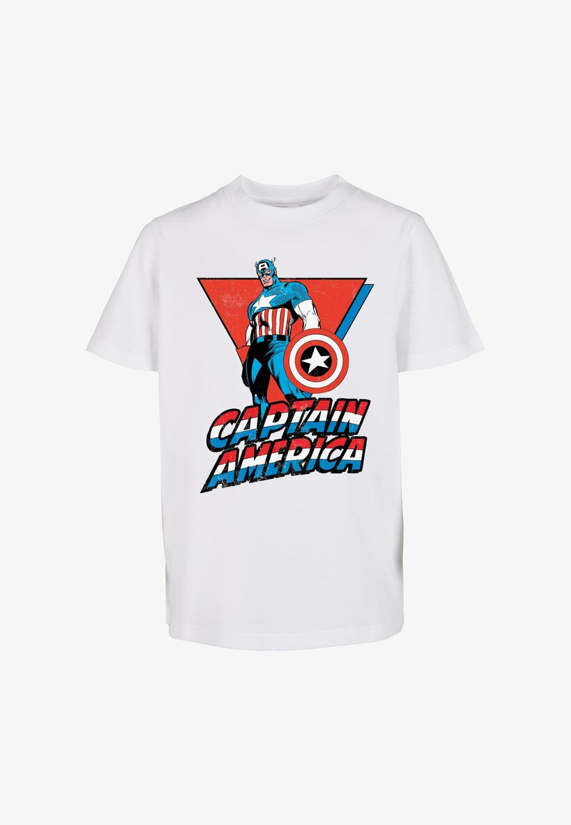 White cotton t-shirt featuring a graphic of a superhero with a shield, red and blue triangular background, and the text "CAPTAIN AMERICA."