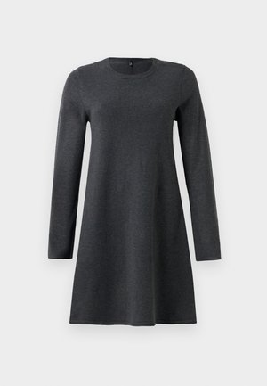Robe longue à manches longues grise foncée avec un col arrondi, silhouette en A et texture lisse. Fabriquée en tissu doux, sans motifs visibles.