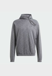 Grå långärmad hoodie med asymmetrisk dragkedja och elastiska ärmslut, visad mot en enfärgad bakgrund.