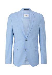 Lichtblauwe blazer van textuurstof met een notch-kraag, twee knopen en een enkele borstzak. Voering aan de binnenkant en merklabel zichtbaar.