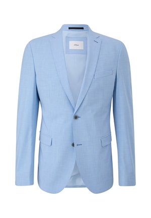 Light blue blazer made of textured fabric with a notched lapel, two buttons, and a single chest pocket. Lined interior and brand label visible.