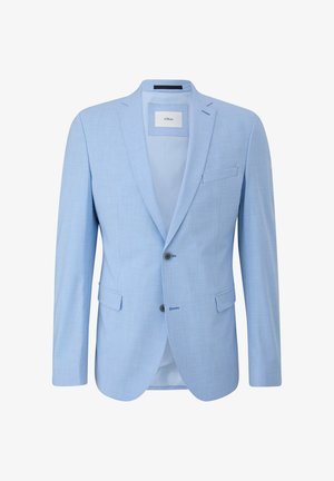 Helle blaue Blazer aus strukturiertem Stoff mit Revers, zwei Knöpfen und einer einzelnen Brusttasche. Gefüttertes Innenfutter und sichtbares Markenlabel.