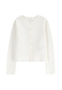 Biały sweter z dzianiny, z okrągłym dekoltem, z siedmioma guzikami z przodu i falbaniastym wykończeniem. Wykonany z teksturowanej, lekkiej tkaniny.