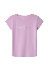 Světle fialové tričko s kulatým výstřihem a krátkými rukávy. Na přední straně se nachází nápis "Pepe Jeans London" ve třpytivém stříbrném písmu.