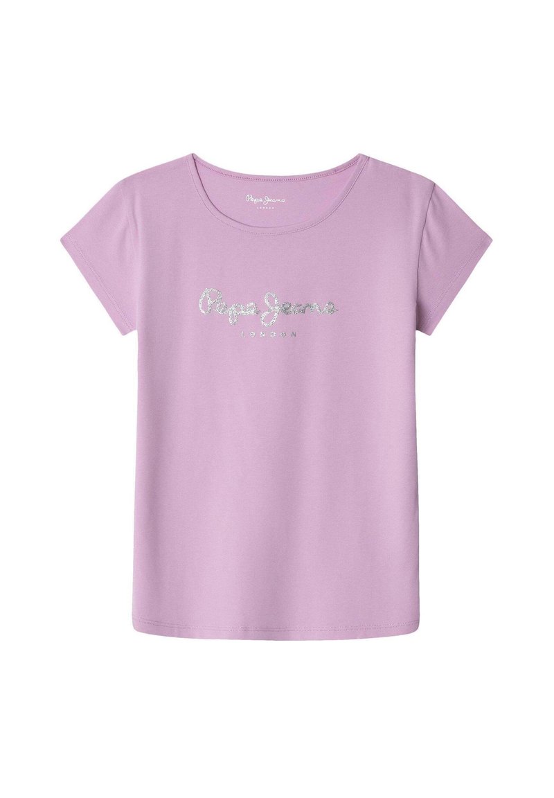 Světle fialové tričko s kulatým výstřihem a krátkými rukávy. Na přední straně se nachází nápis "Pepe Jeans London" ve třpytivém stříbrném písmu.