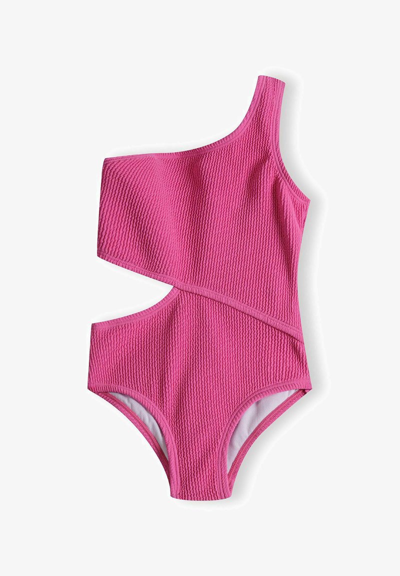 Én skulder pink badesuit med struktureret stof, der har et asymmetrisk design og udskæringsdetaljer på siden for et moderne udseende.