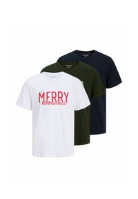 Tři bavlněné trička: jedno bílé s červeným textem "MERRY Christmas", jedno tmavě zelené a jedno námořnické modré. Krátké rukávy a kulatý výstřih.