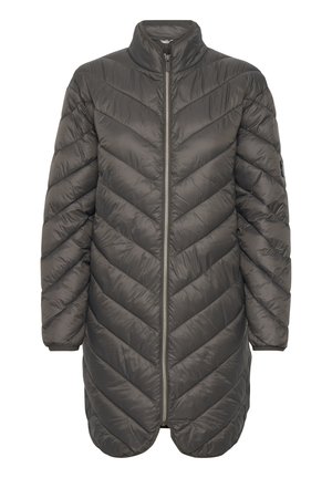 Giacca gonfiabile lunga grigia con colletto alto, motivo a zigzag, chiusura a zip completa e orlo arrotondato. Realizzata in materiale leggero e lucido.